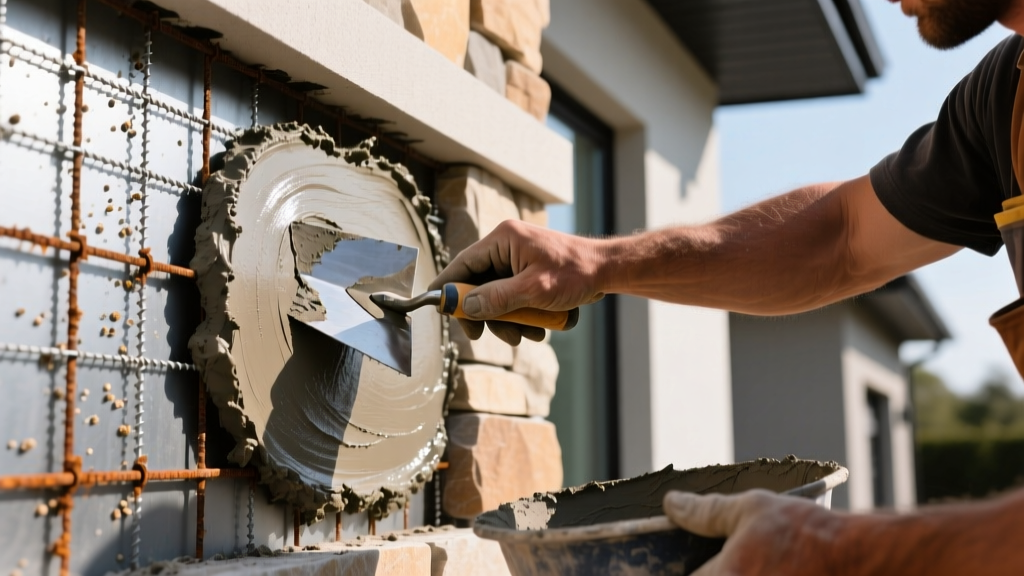 Mason troweling Type S mortar onto a corrosion-resistant metal lath substrate preparing for exterior stone veneer masonry installation on a residential facade