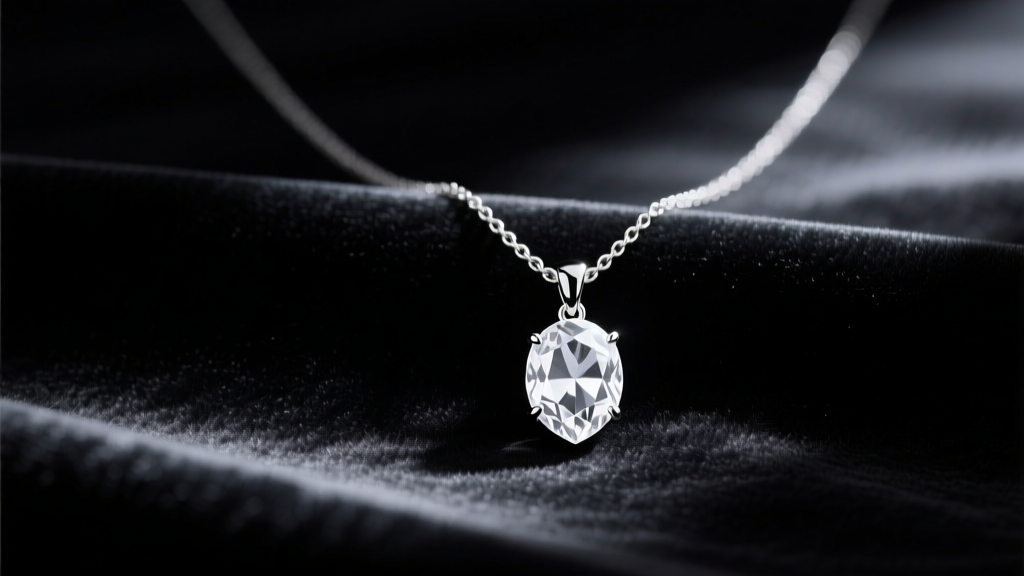 Elegant silver Evenstar pendant necklace resting on dark velvet, cinematic moody lighting highlighting the central white gemstone.