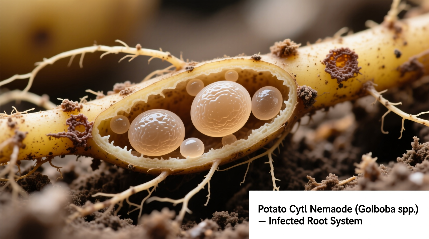 Potato cyst nematode cysts on root system