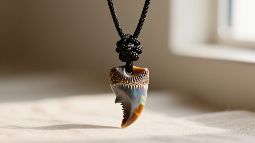 A black waxed cotton cord tied in a sliding macrame square knot securing a small fossilized shark tooth pendant in soft light.