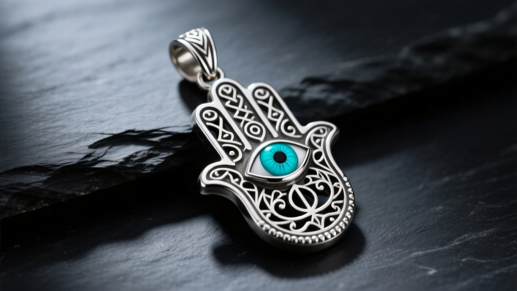 Close-up of a .925 sterling silver Hamsa hand pendant featuring a central turquoise evil eye, resting on dark slate under moody, directional lighting