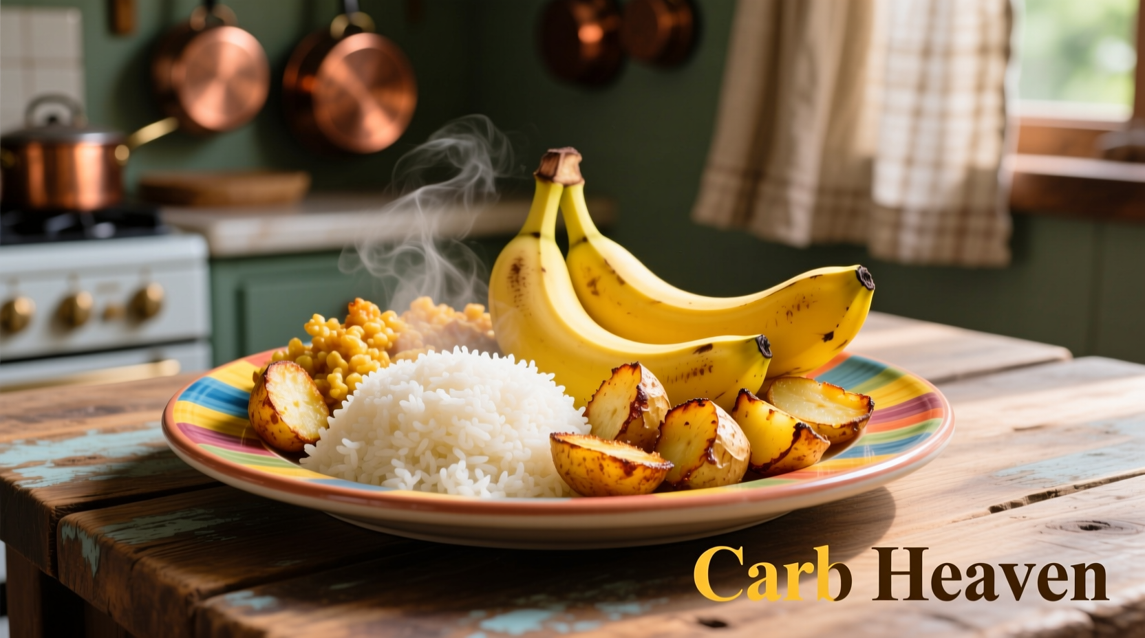 Colorful plate of high-carb foods including rice, potatoes, and bananas