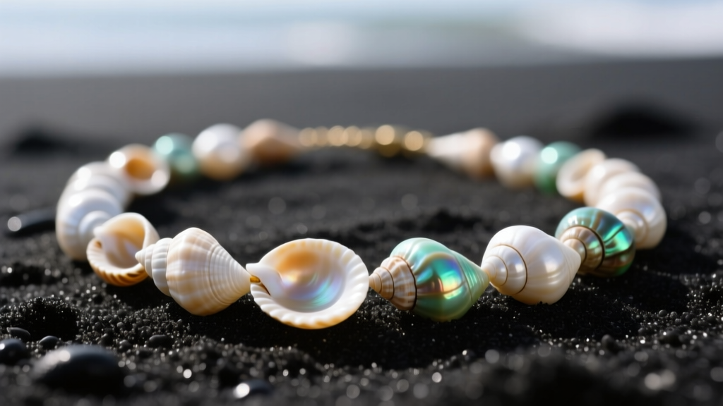 Macro photo of a puka bead necklace on black sand, showing the concave backs and convex fronts of ocean-tumbled cone shells.