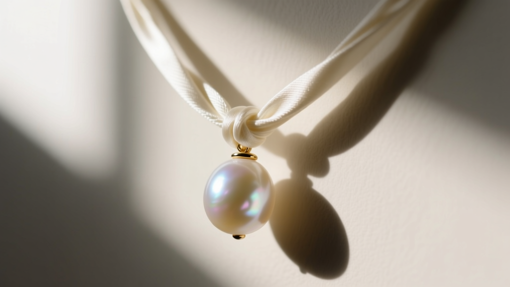 Close-up of ivory silk cord necklace threaded through a small freshwater pearl pendant bail under soft natural window light