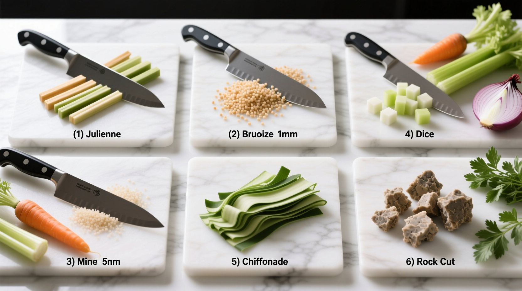 a visual reference for six basic knife cuts