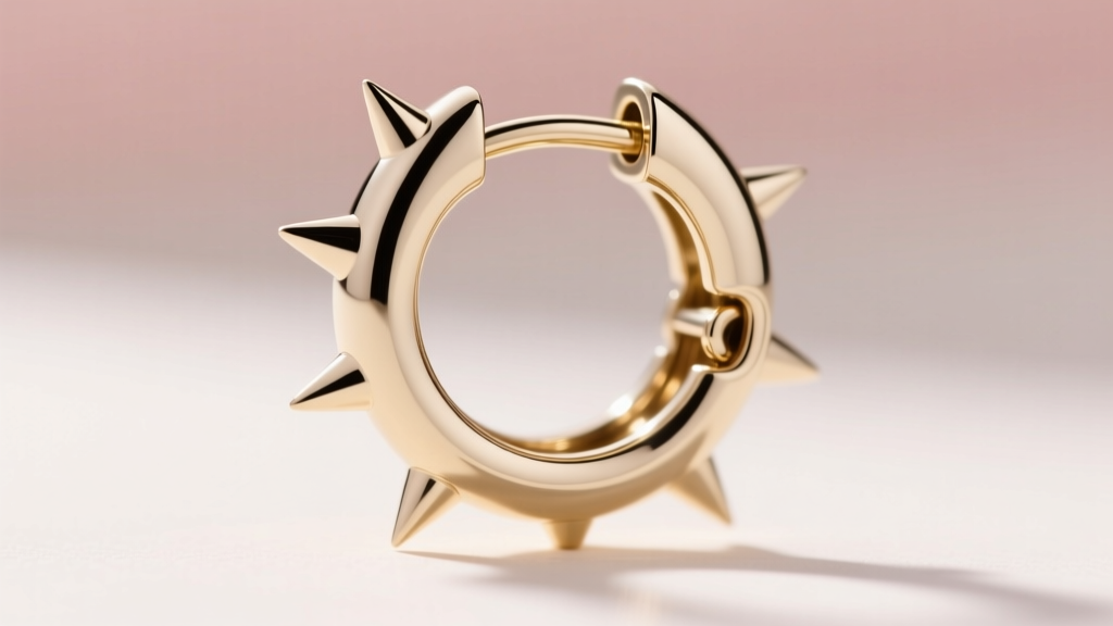 Open hinge mechanism of a 14k white gold spike huggie earring, showing the interlocking snap clasp against a blurred background.