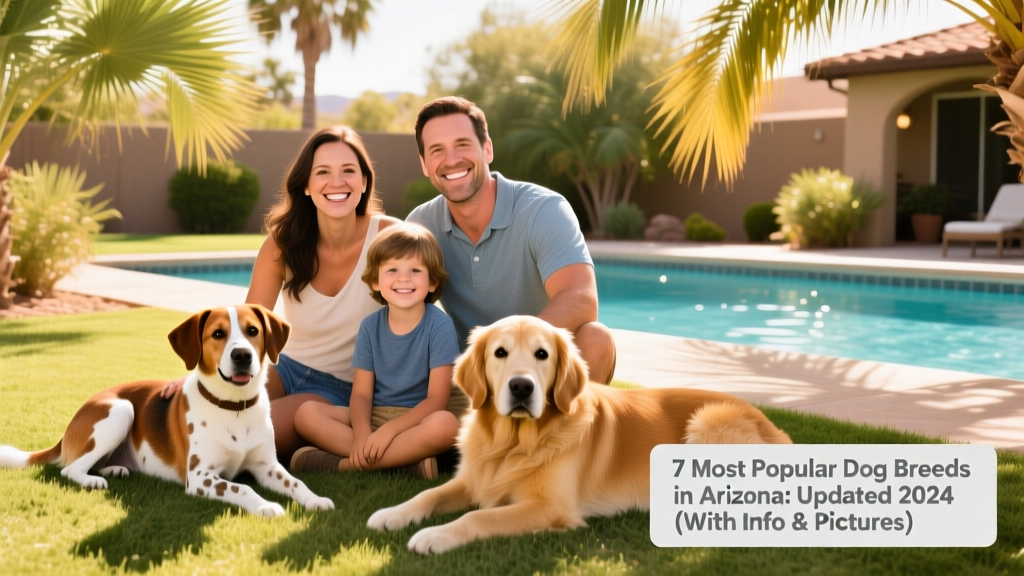 A smiling Arizona family—parents and two kids—with their mixed-breed rescue dog and a golden retriever enjoying shaded grass near a backyard pool