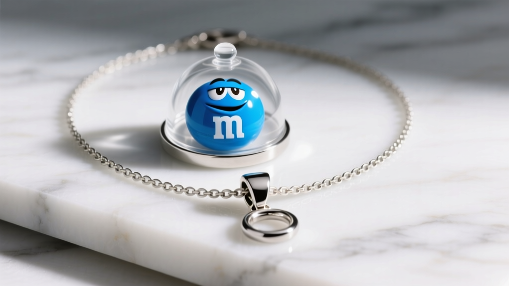 Finished candy necklace on marble, showing a clear resin dome over a blue M&M attached to a sturdy sterling silver pendant bail.