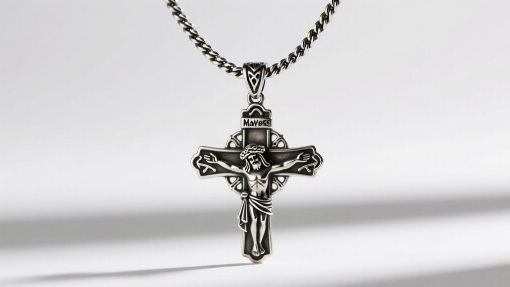Detailed 925 sterling silver Jesus Malverde pendant with antique finish, hanging on a 5mm Cuban chain in soft studio light