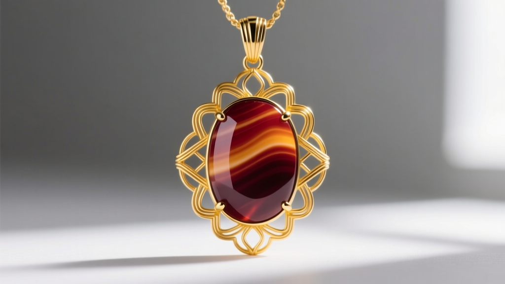 Macro shot of an Art Deco carnelian pendant showing natural color banding and a secure bezel setting in yellow gold filigree work