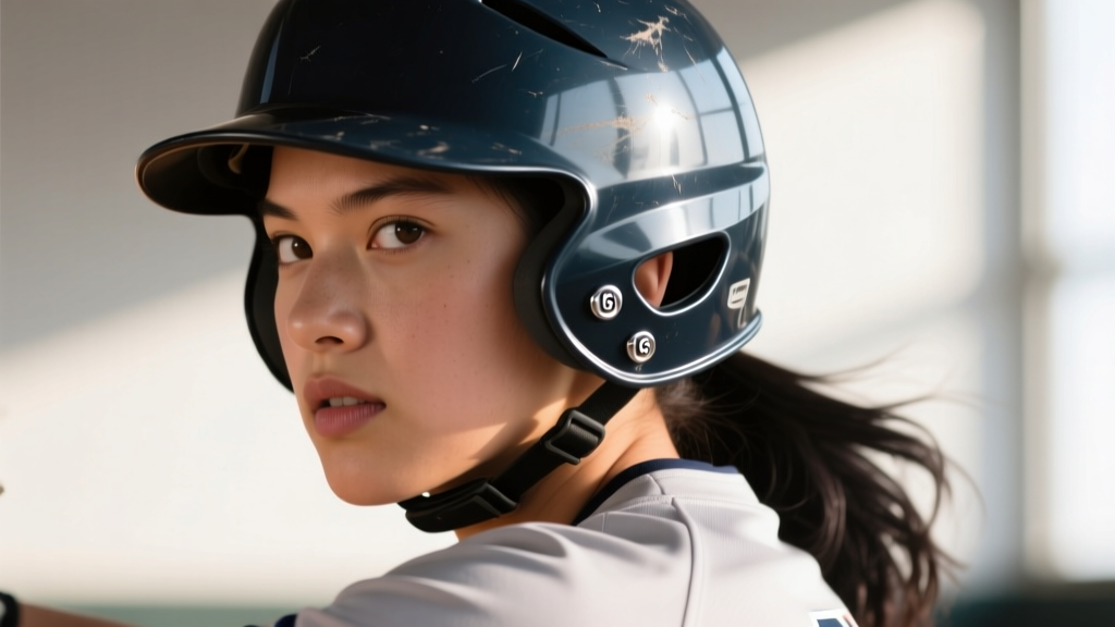 Close-up of a young female softball player wearing a helmet, with a small 16-gauge titanium flat-back stud visible on her earlobe