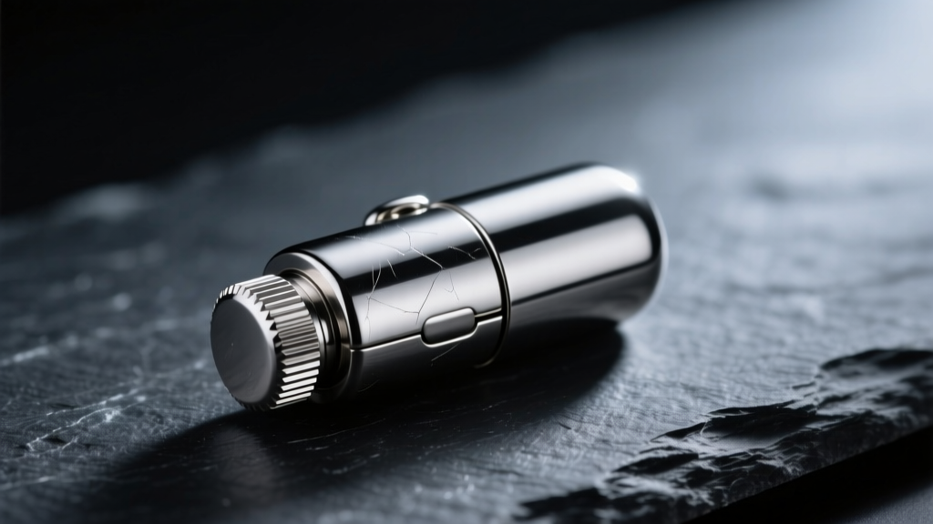 Macro shot of a 316L surgical steel capsule locket with a threaded cap resting on dark slate under moody studio lighting