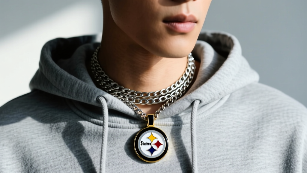 Close-up of a fan wearing a layered stainless steel Steelers necklace with a black and gold enamel logo pendant over a grey hoodie