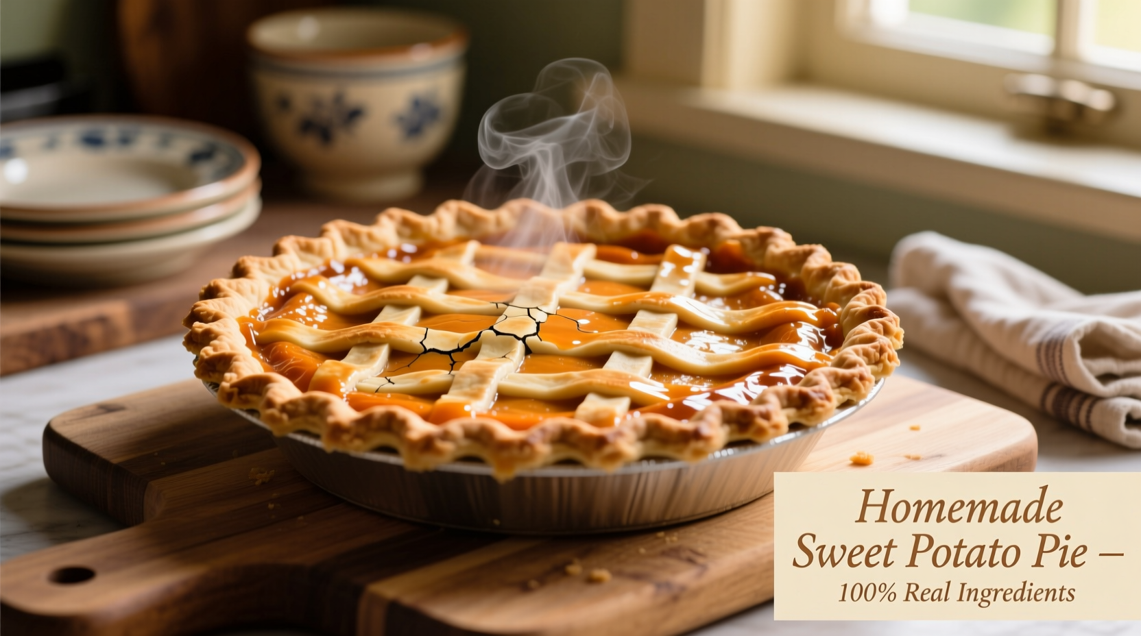 Perfect golden-brown sweet potato pie with decorative crust edge