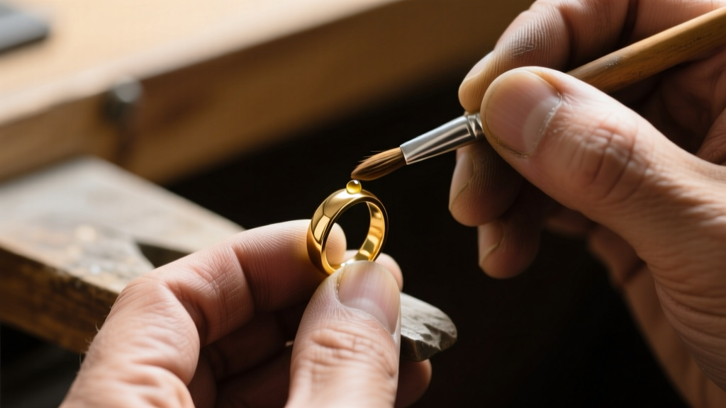 Extreme close-up of a jeweler's laser welder repairing a porous pit on a thick 21k gold Middle Eastern bangle with bright flash