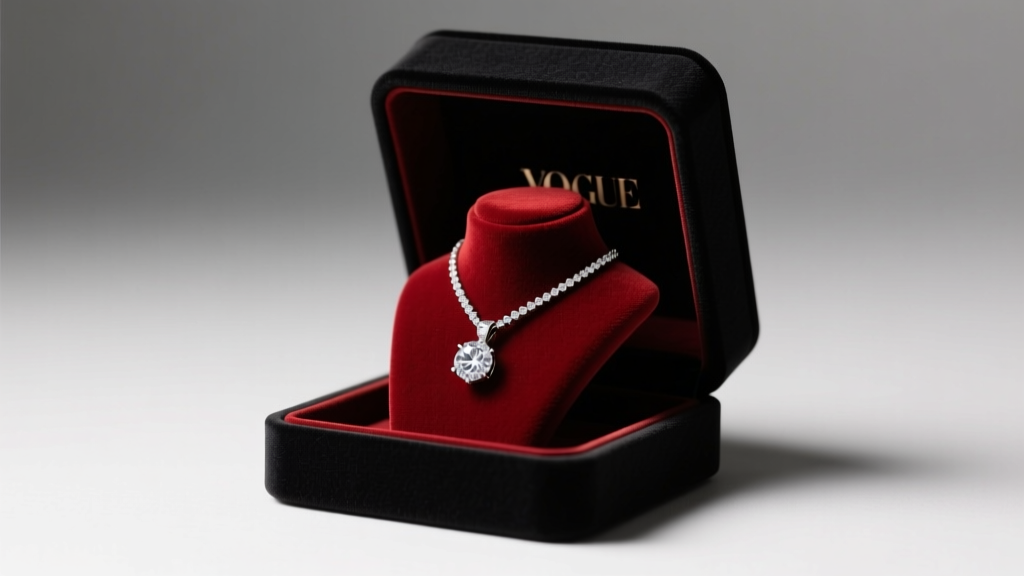 Open matte-black Alcantara luxury necklace gift box displaying a diamond pendant on a velvet bust under soft studio lighting