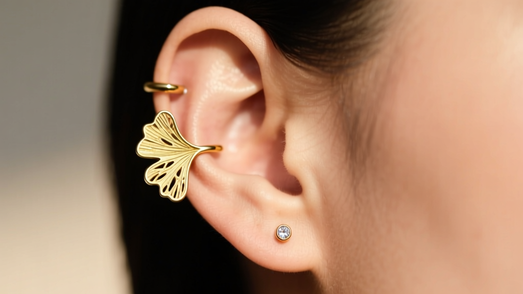 Ear wearing a 16-gauge gold ginkgo ear cuff on the helix with a small lobe stud, highlighting modern cartilage styling techniques