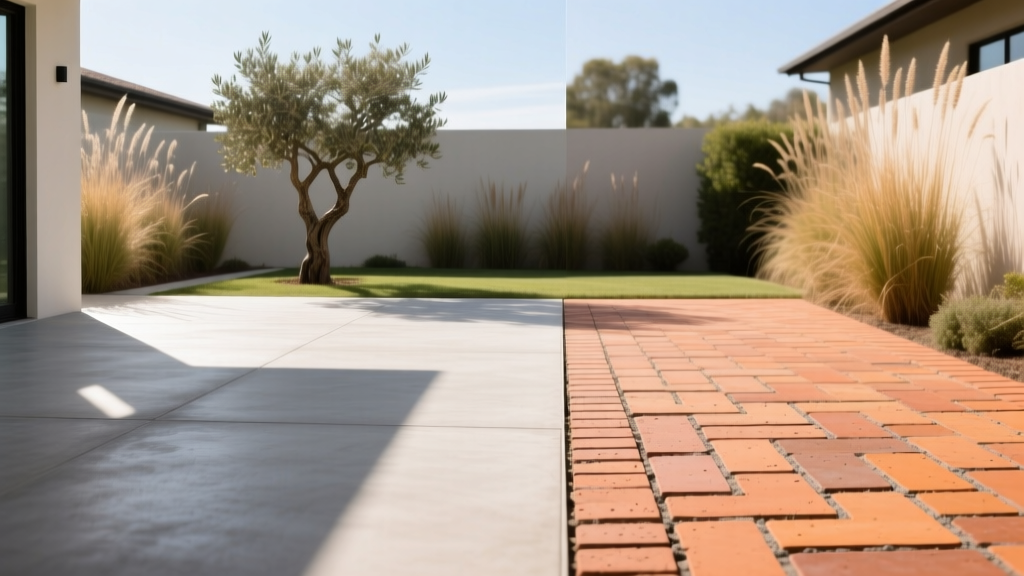 Split-screen hardscape backyard showing a smooth poured concrete patio on the left and interlocking clay brick pavers on the right