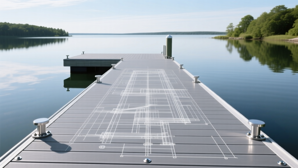 Blueprint overlaying gray composite marine dock decking with stainless steel fasteners overlooking a calm saltwater bay