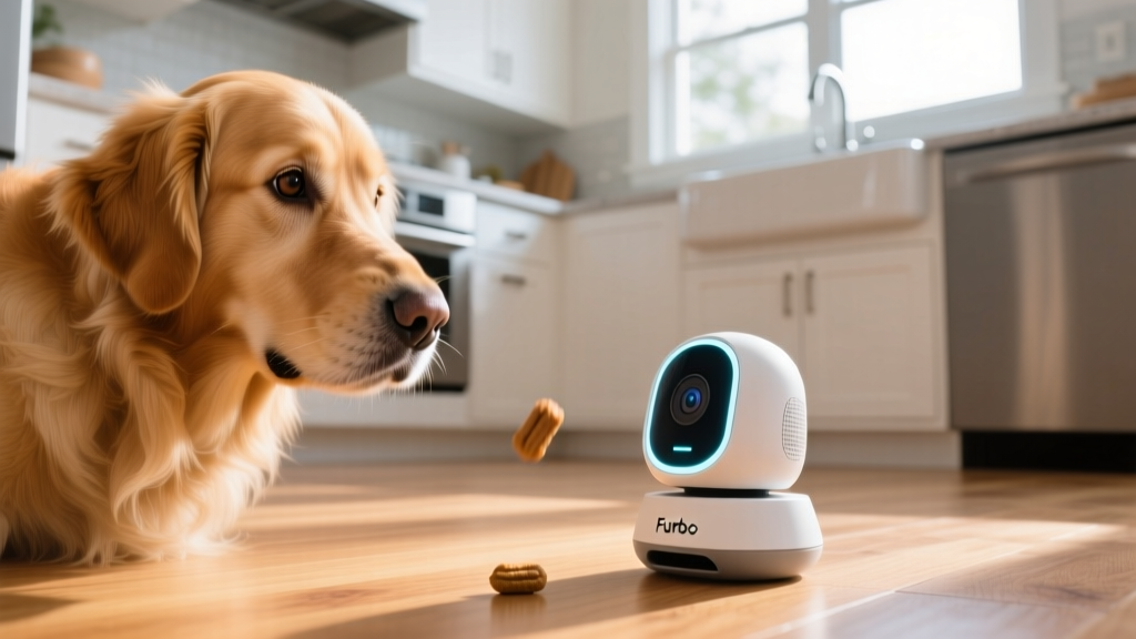 Close-up of a golden retriever looking at a Furbo 360 camera dispensing a treat onto a hardwood floor in a sunlit kitchen