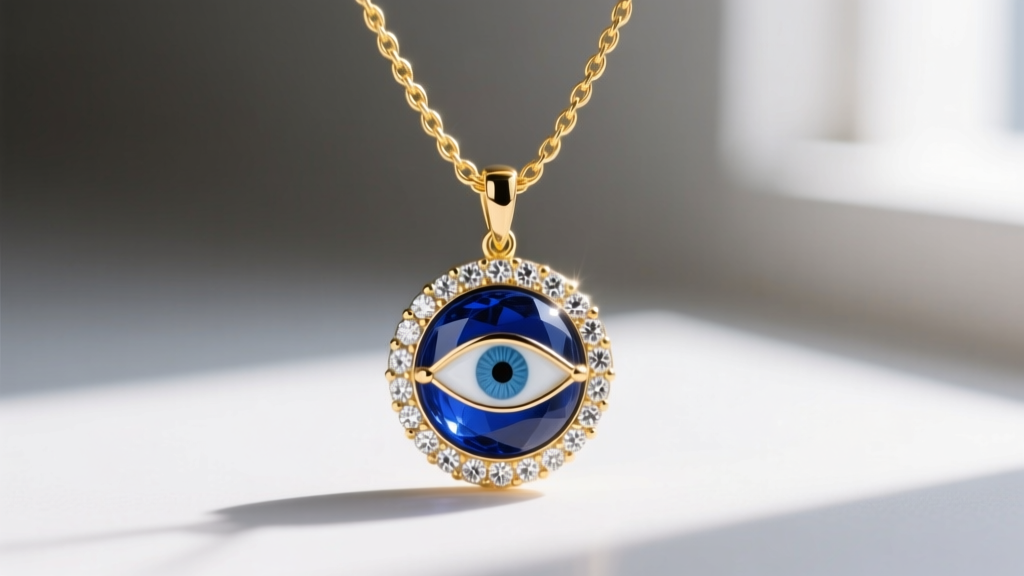 Close-up of an 8mm diamond and blue sapphire evil eye pendant hanging on a 16-inch 0.9mm 18k yellow gold cable chain necklace