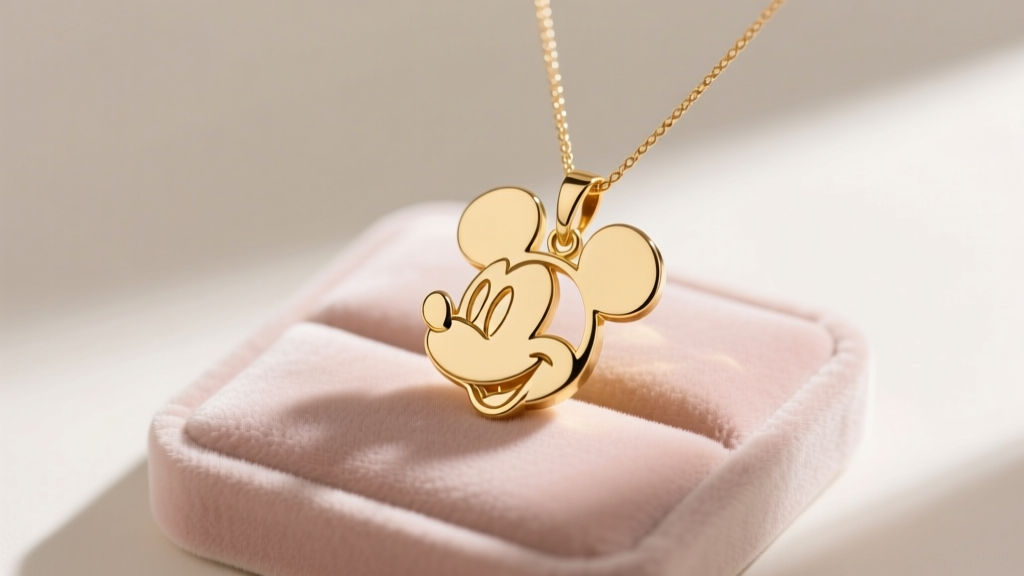Solid 14k gold Minnie Mouse silhouette pendant on a delicate cable chain resting on a soft blush velvet jewelry display pad.