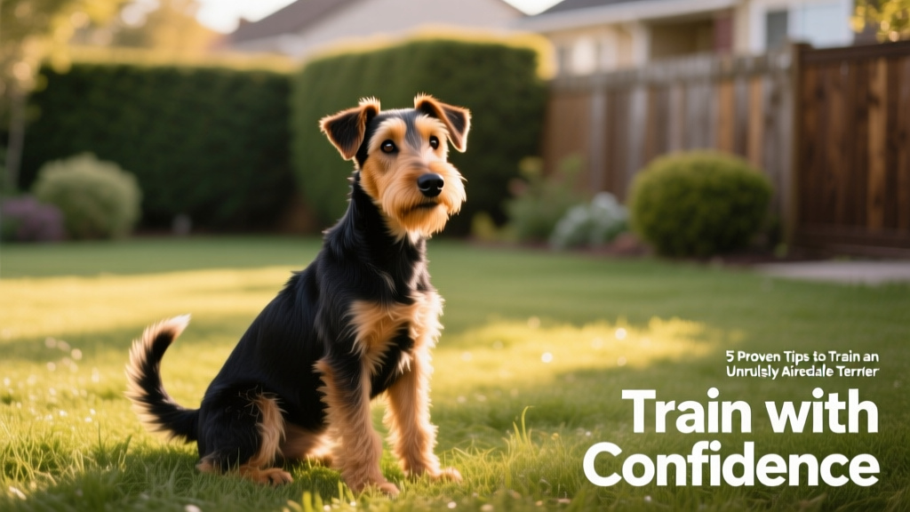 A spirited young Airedale Terrier sitting attentively on a grassy lawn, ears perked and tail wagging