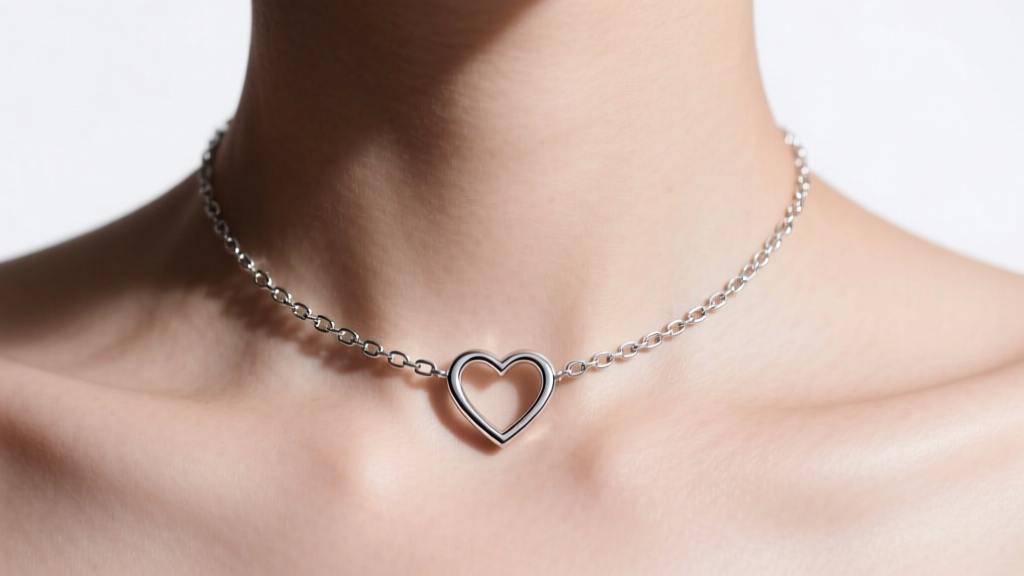 Sterling silver heart choker necklace on a collarbone, featuring a 2mm paperclip chain under soft studio lighting.