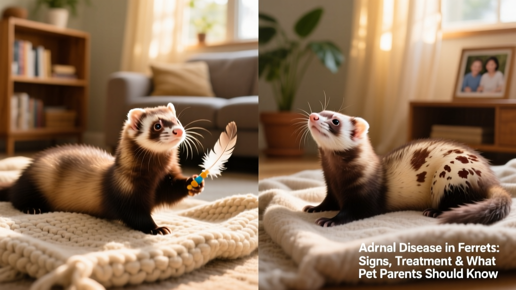Side-by-side comparison: healthy ferret with full, shiny coat versus ferret with patchy hair loss starting at tail