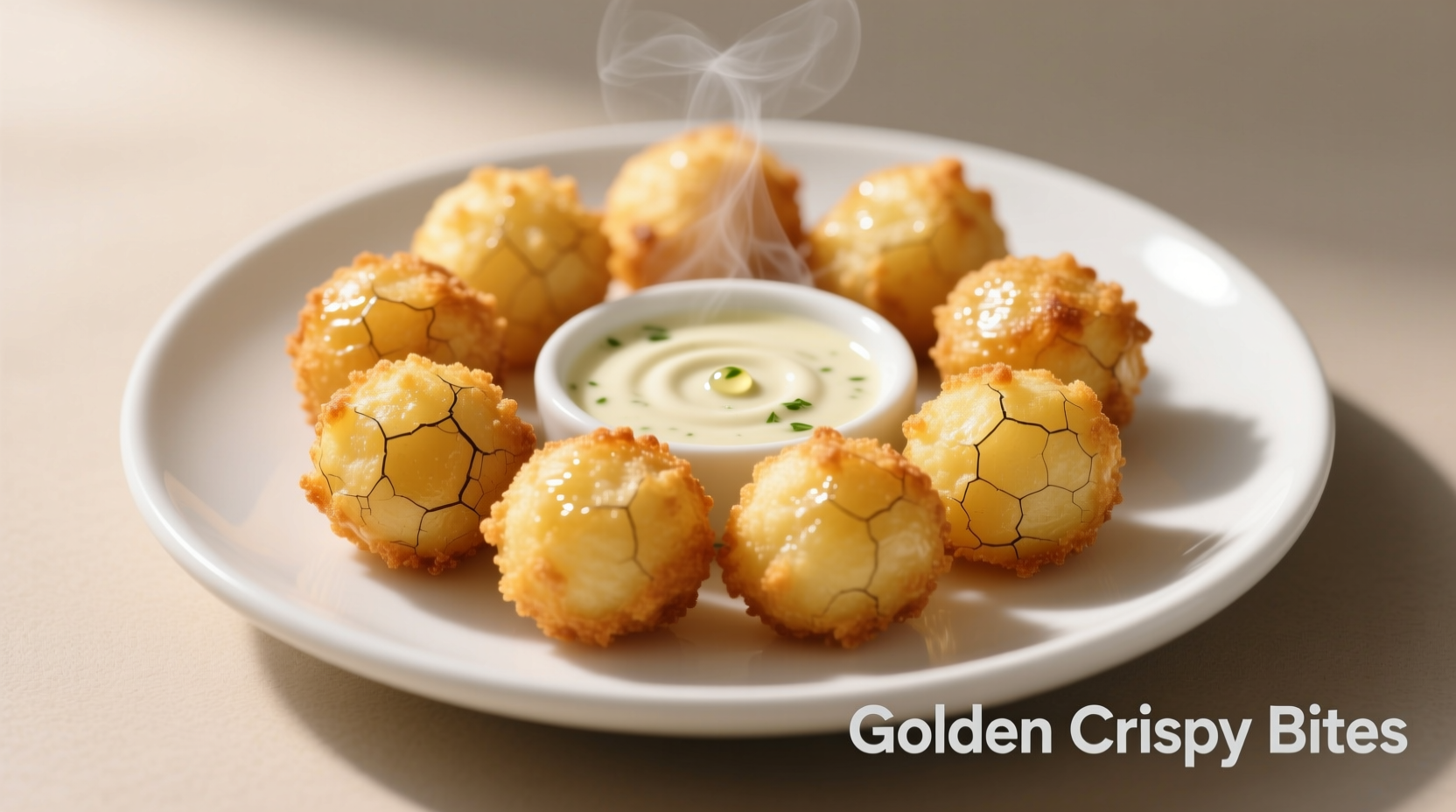 Crispy golden fried potato balls on white plate with dipping sauce