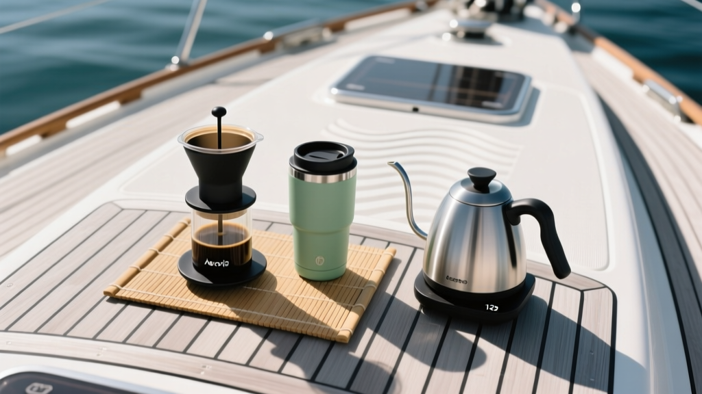 Overhead view of a complete boat coffee setup including an AeroPress, insulated travel mug, and 12V kettle on a fiberglass deck