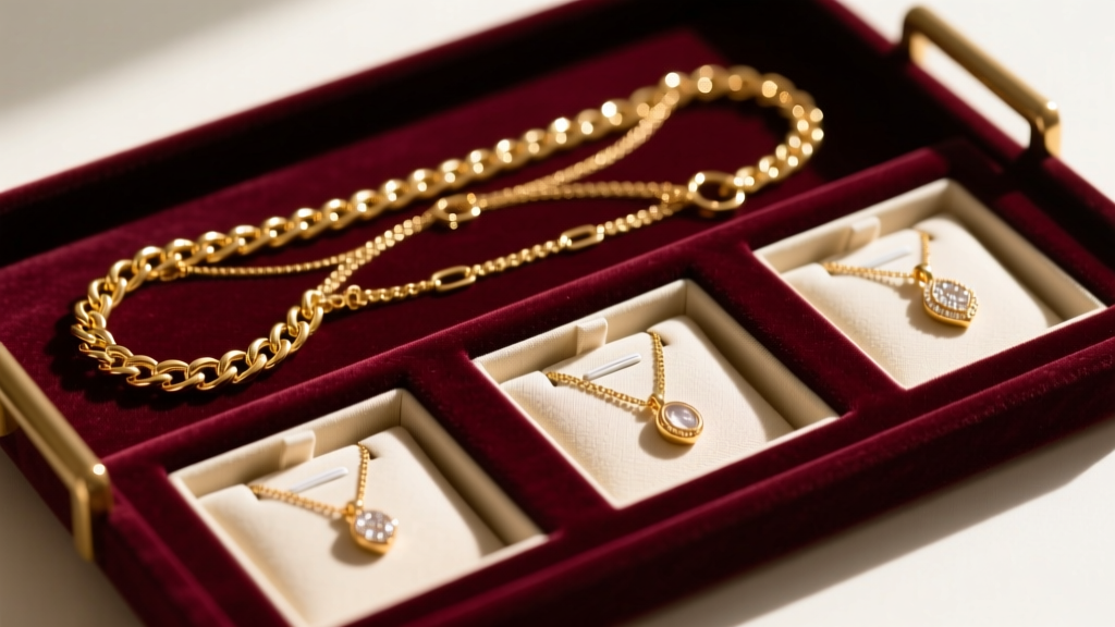Top-down view of a velvet tray showing untangled gold chains and delicate pendants resting neatly in individual fabric slots