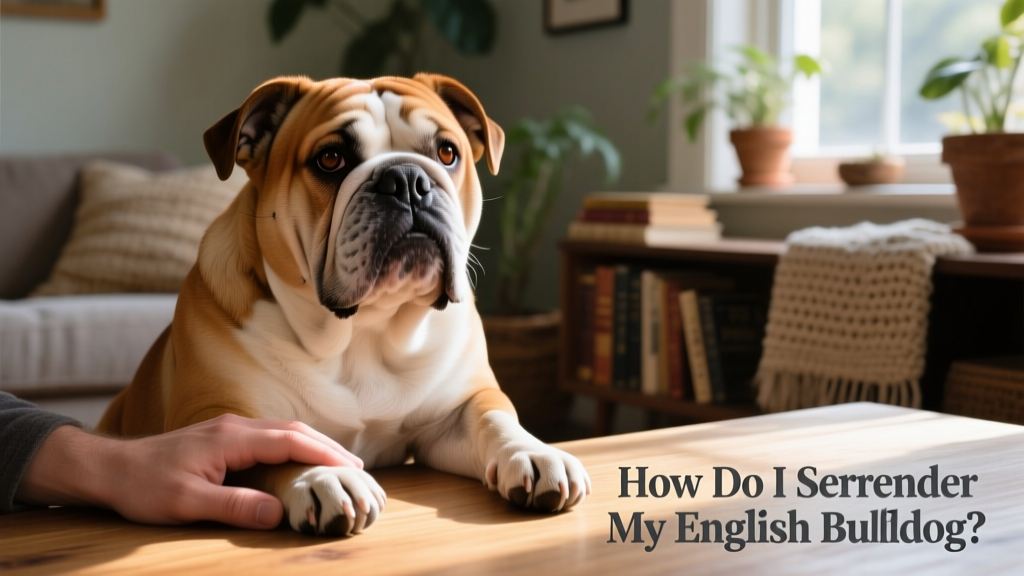 A calm English Bulldog sitting beside a person's hand, conveying trust and gentle temperament