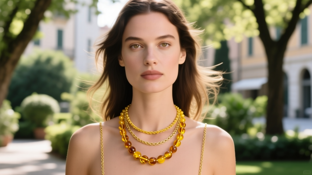 Woman wearing a yellow amber bead necklace layered with a gold chain, soft natural sunlight, blurred background.