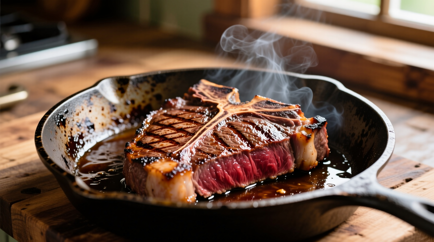 Perfectly seared T-bone steak in cast iron skillet