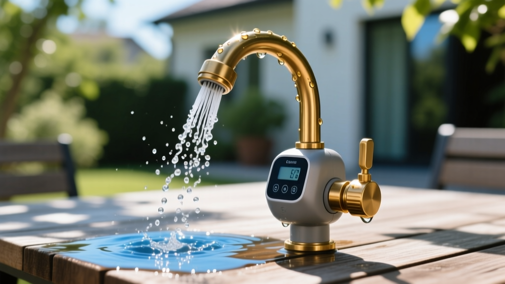 Close up of a smart hose faucet timer attached to a brass misting nozzle dripping water onto a shaded patio workspace during a hot afternoon