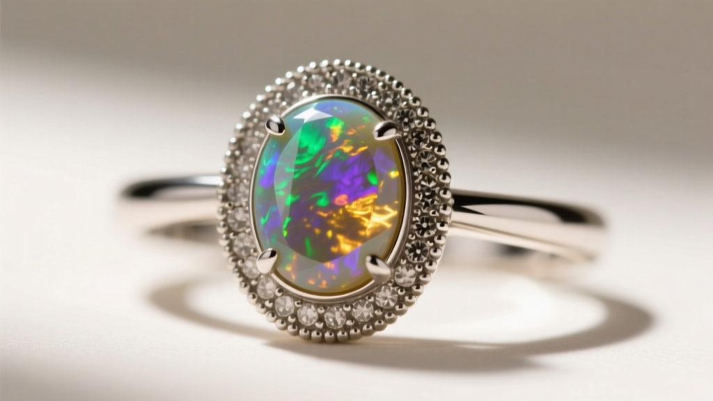 Macro photo of an Edwardian platinum bezel setting holding an antique boulder opal, highlighting intricate millegrain edges.