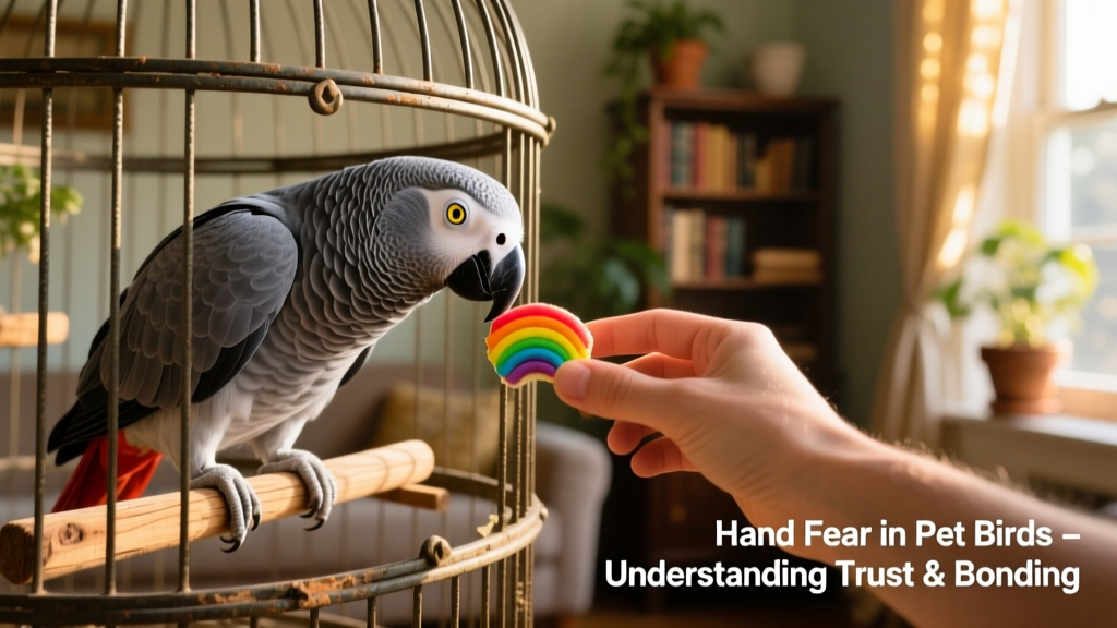 A person’s hand gently offering a small, colorful treat just outside a bird cage, with the African grey watching curiously from a nearby perch
