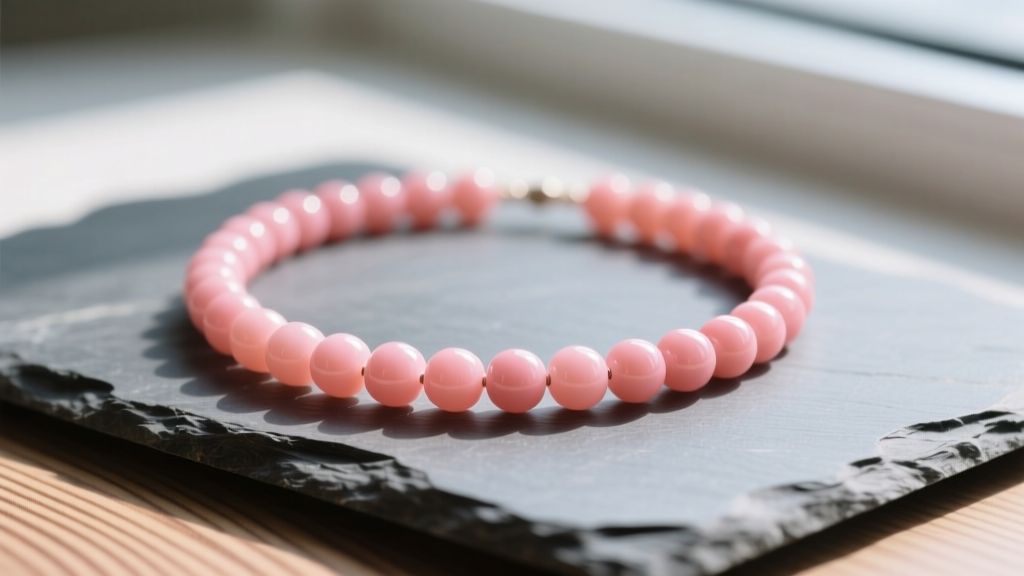 Close-up of a pink coral bead necklace on slate, showing natural wood-grain striations and uniform salmon-pink color saturation.