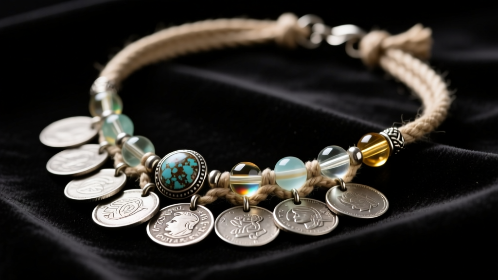 Close-up of a Thames trade necklace with oxidized silver coins, antique glass beads, and waxed cotton cording on dark velvet.