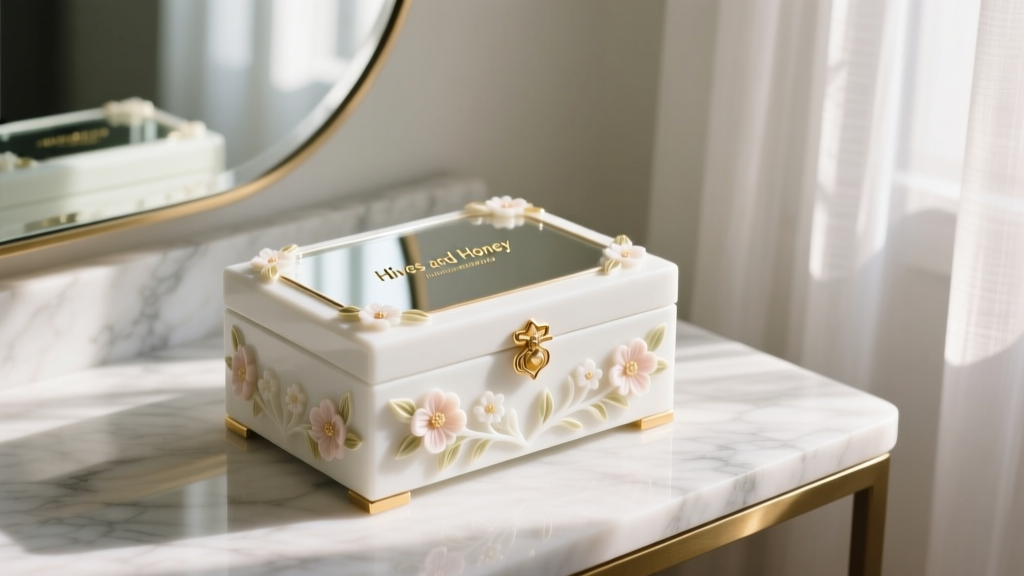 Elegant white Hives and Honey jewelry box with floral polyresin detailing and mirrored top on a marble vanity in soft morning light.