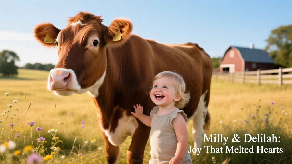 Toddler Milly smiling broadly as she stands beside a gentle brown Jersey cow named Delilah on a sunny farm day