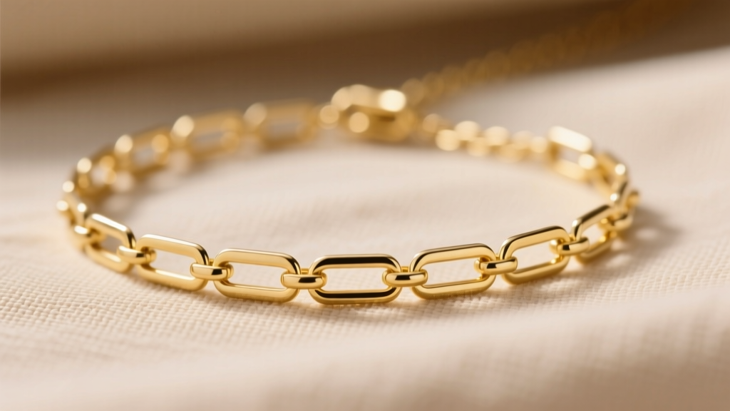 Macro shot of a 14k yellow gold paperclip linked necklace on beige linen, soft light highlighting rectangular links.