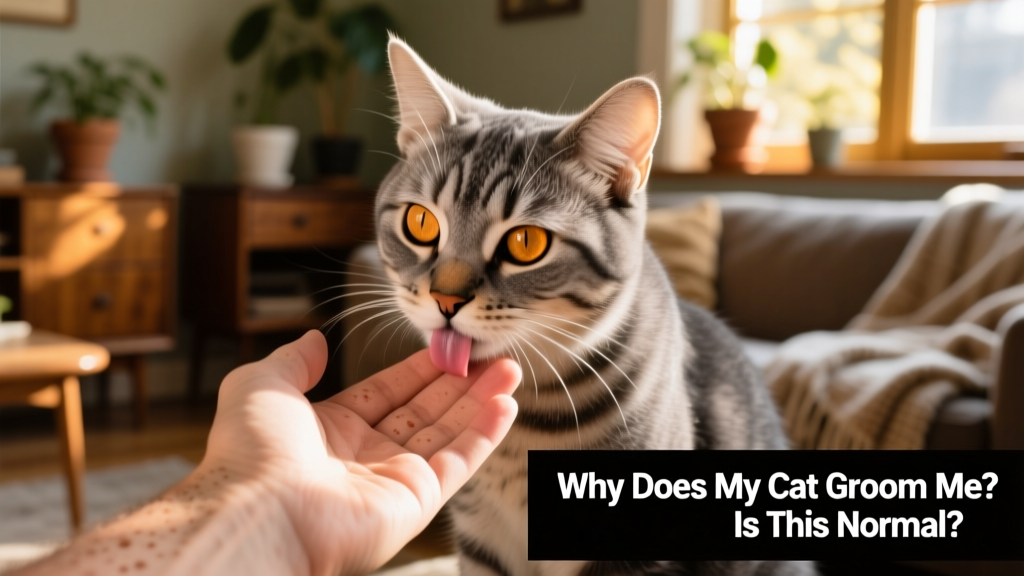 Close-up of a cat gently licking a person's hand while making eye contact