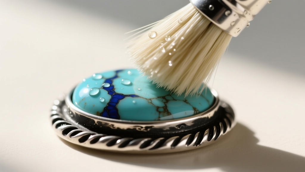 Macro shot of a soft bristle brush gently scrubbing a porous turquoise cabochon set in oxidized sterling silver with mild suds.