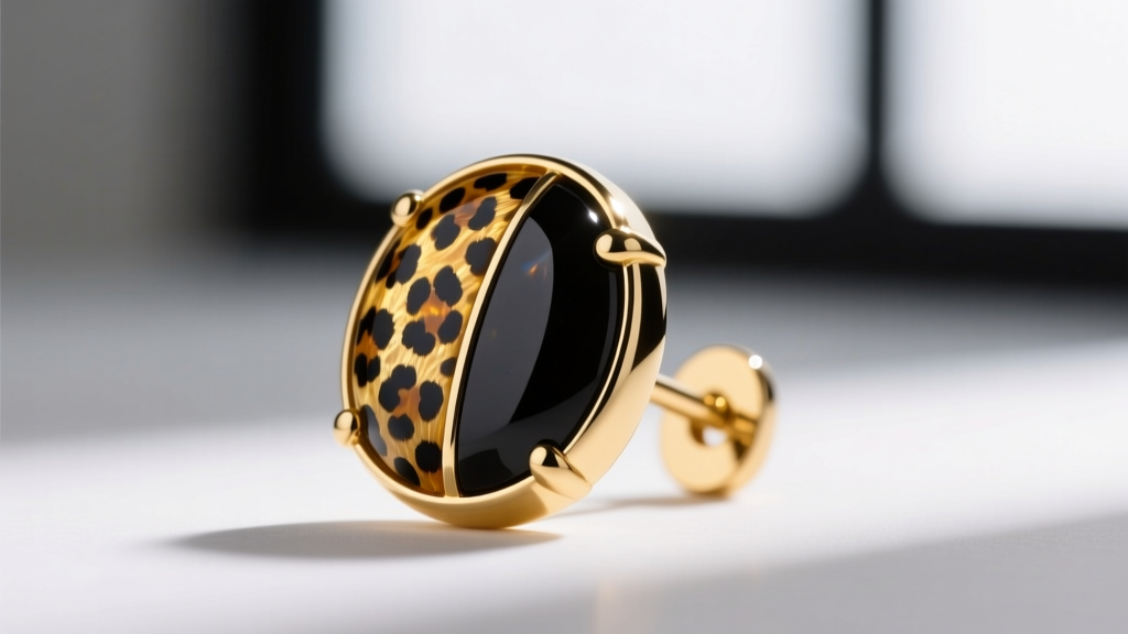 Macro shot of a leopard jasper and onyx inlaid cheetah print stud earring showing natural stone grain and gold bezel setting