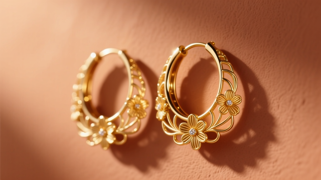 Delicate 18-karat gold Fassi filigree hoop earrings with intricate floral motifs against a soft sunlit terracotta wall background.