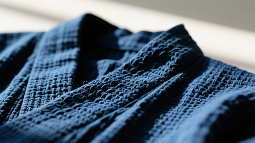 Macro shot of indigo-dyed shijira-ori jinbei fabric revealing the textured seersucker weave and natural hemp-cotton blend fibers in sunlight.