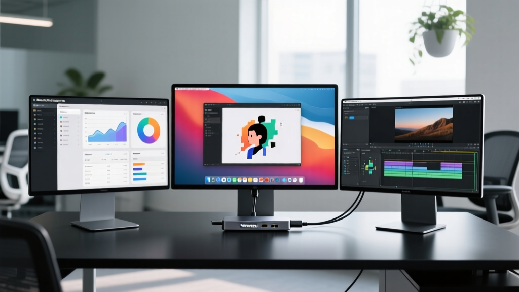 macOS System Settings display arrangement screen showing three external monitors connected via a DisplayLink USB-C hub with extended desktop mode