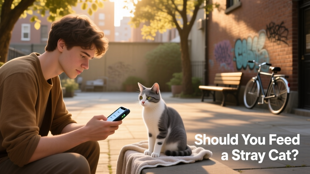 A person using a smartphone to scan a microchip reader while a calm stray cat sits nearby on a towel